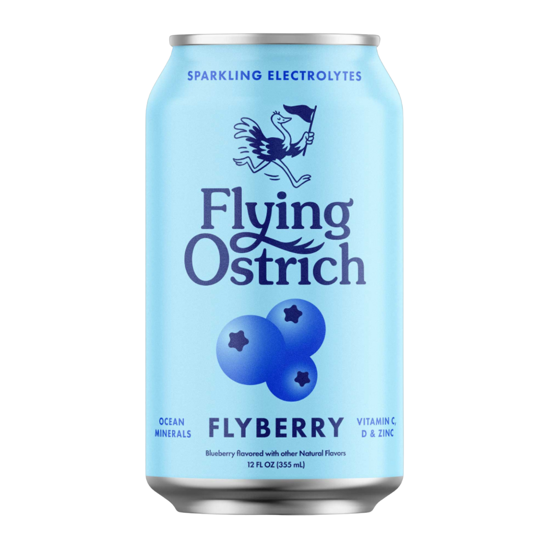 Can of Flying Ostrich Flyberry sparkling electrolytes on a white background