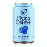 Can of Flying Ostrich Flyberry sparkling electrolytes on a white background