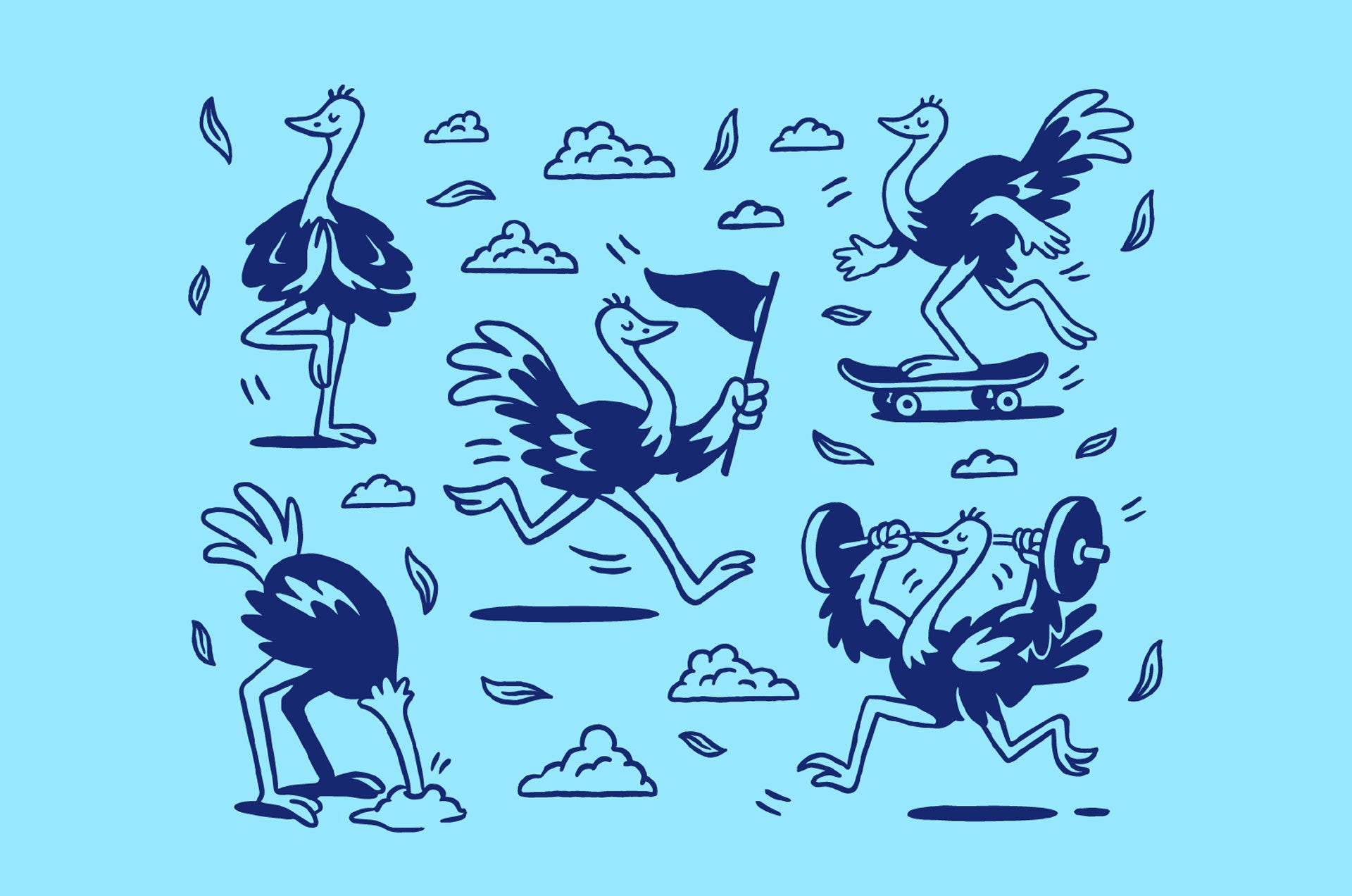 Illustrations of an ostrich with different activities on a blue background