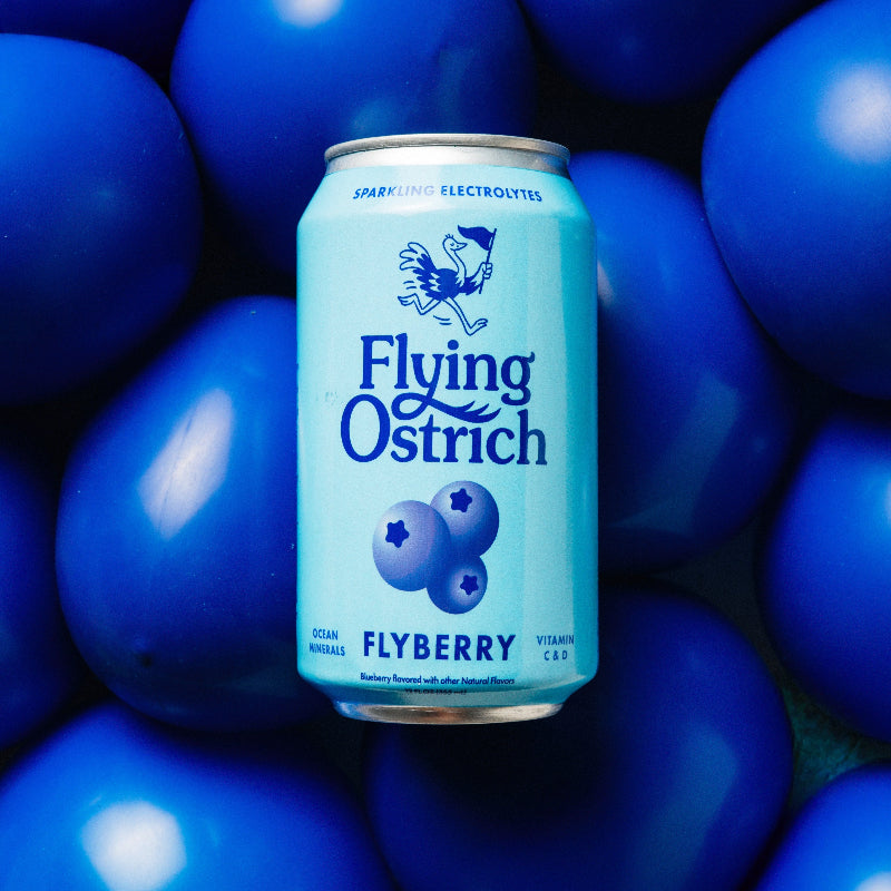 Flying Ostrich Flyberry can surrounded by blue balloons