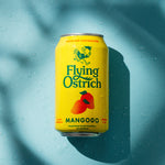 Yellow can of Flying Ostrich Mangogo on a blue background