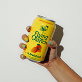 Hand holding a can of Flying Ostrich MangogoG against a white background